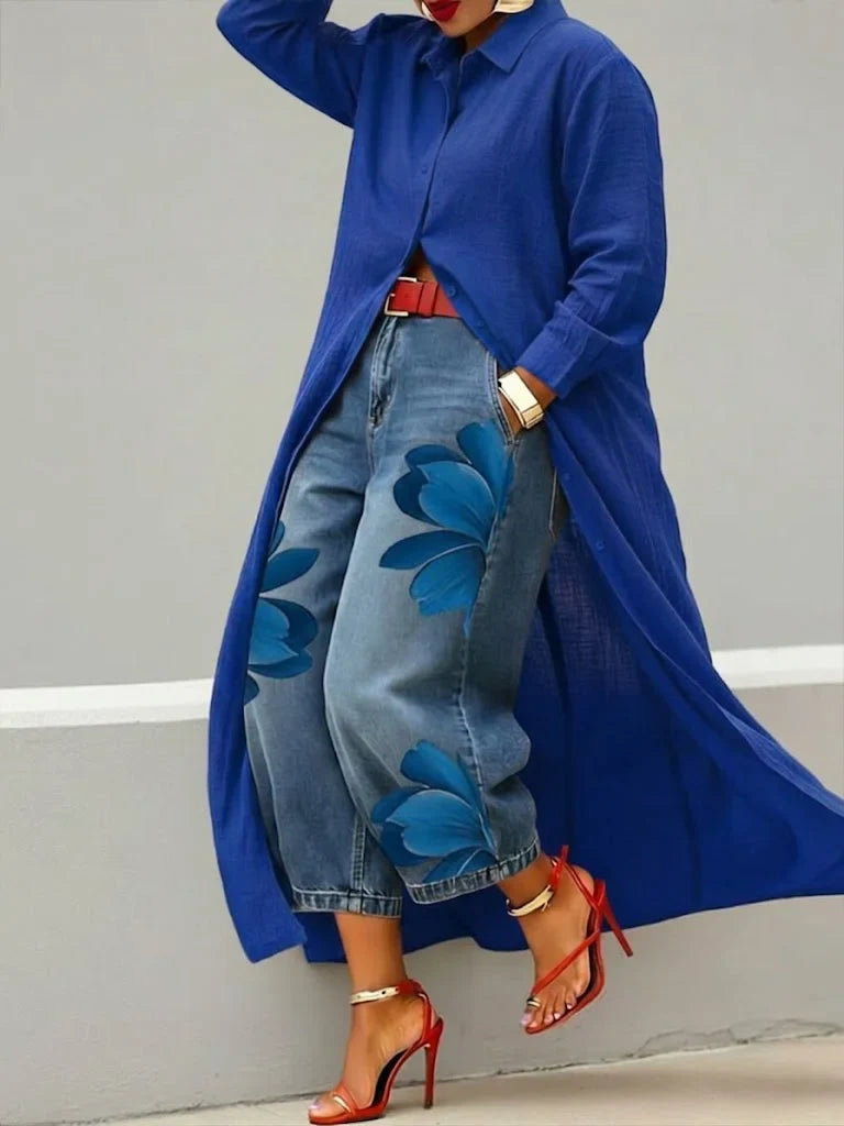 Rosalia - Completo con Abito Camicia in Lino e Jeans a Fiori