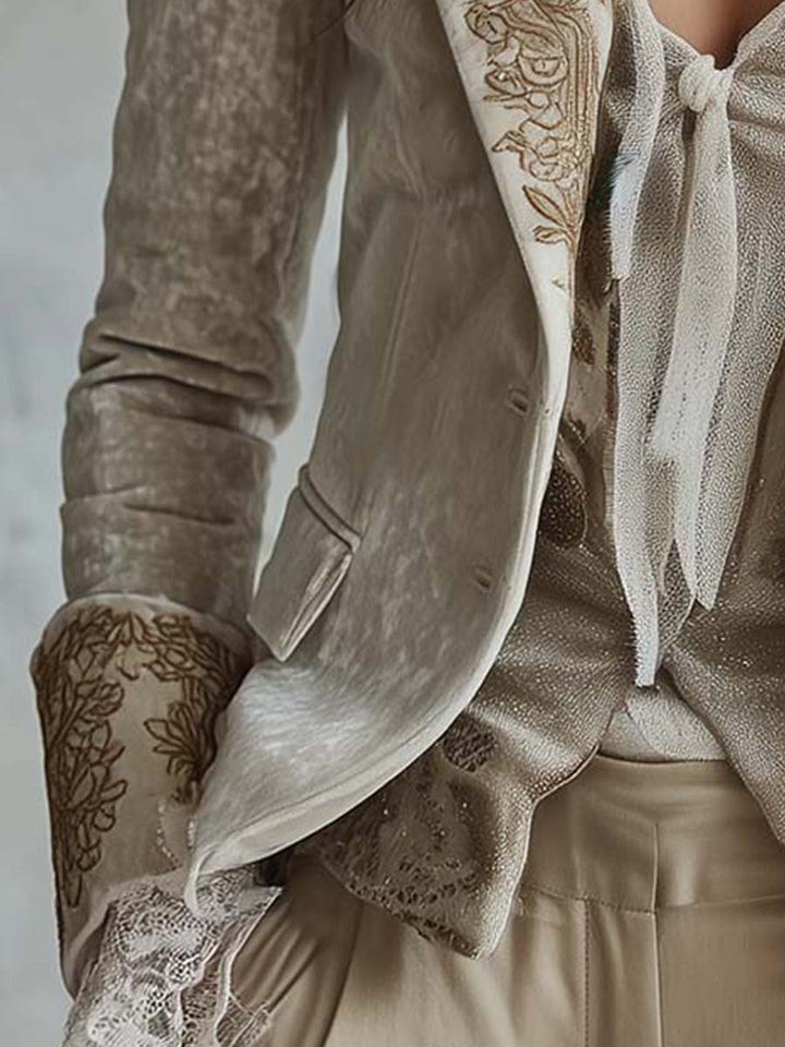 Blazer Ricamato in Velluto Avorio con Maniche in Pizzo