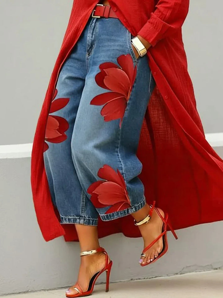 Rosalia - Completo con Abito Camicia in Lino e Jeans a Fiori