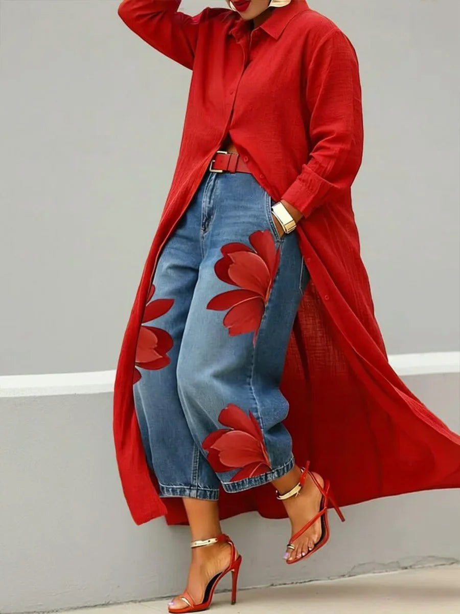 Rosalia - Completo con Abito Camicia in Lino e Jeans a Fiori