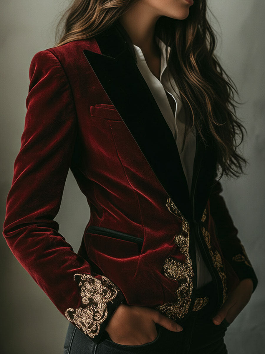 Blazer in Velluto Ricamato di Lusso Nero con Collo Elegante e Oro