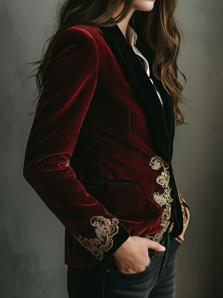 Blazer in Velluto Ricamato di Lusso Nero con Collo Elegante e Oro