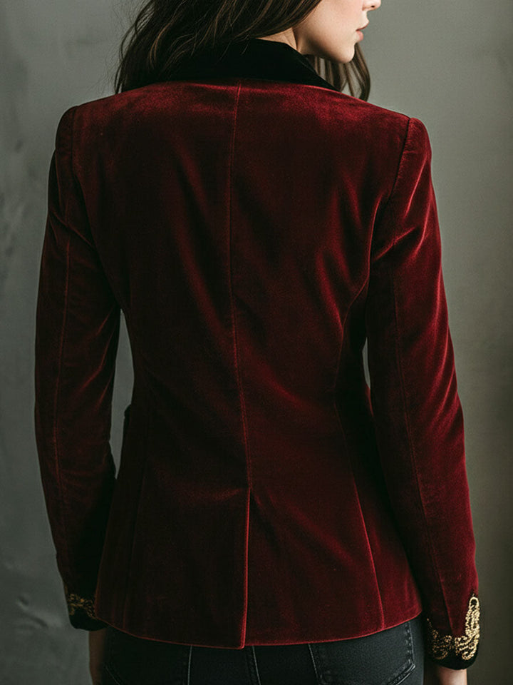 Blazer in Velluto Ricamato di Lusso Nero con Collo Elegante e Oro