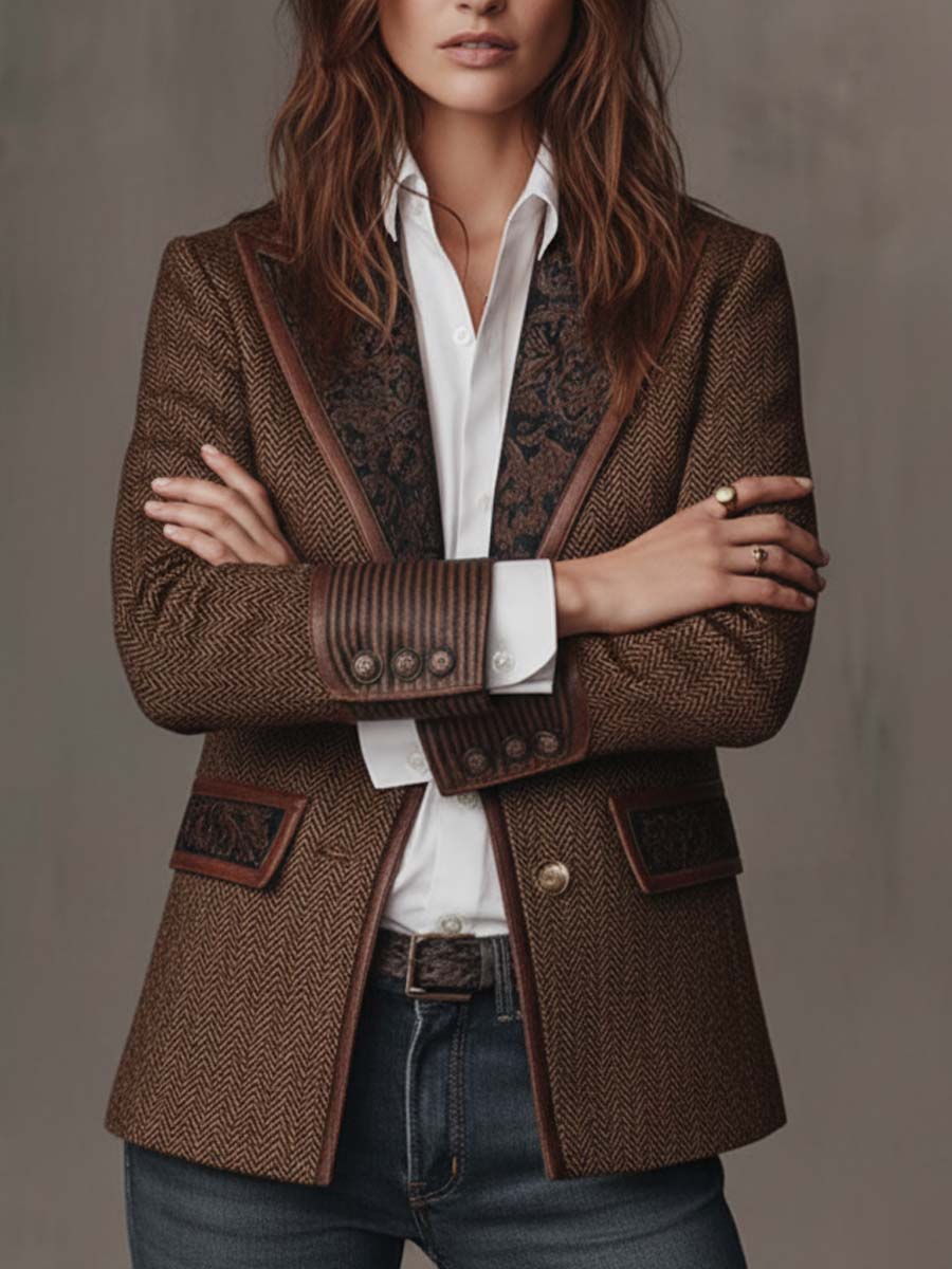 Blazer in Tweed a Spina di Pesce con Pannelli Stampati