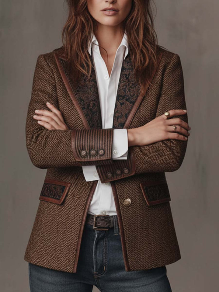 Blazer in Tweed a Spina di Pesce con Pannelli Stampati