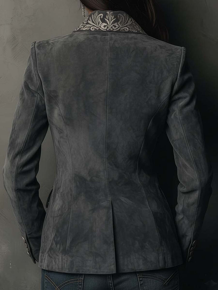 Blazer in Eco-Pelle Imbottita con Motivo Floreale in Grigio Ardesia