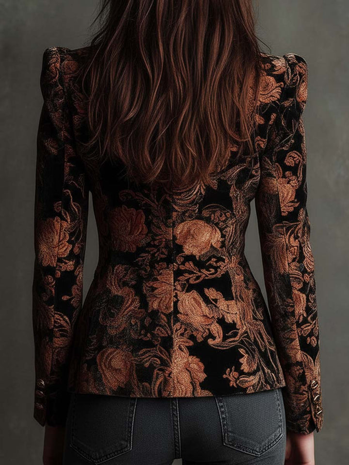 Blazer in Velluto con Stampa Floreale in Nero e Bronzo