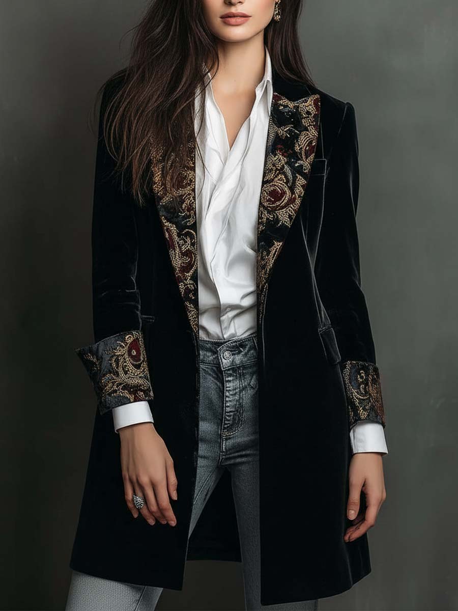 Blazer in Velluto Nero Vintage di Lusso Senza Tempo con Rever Stampato Barocco