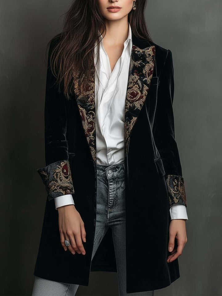 Blazer in Velluto Nero Vintage di Lusso Senza Tempo con Rever Stampato Barocco