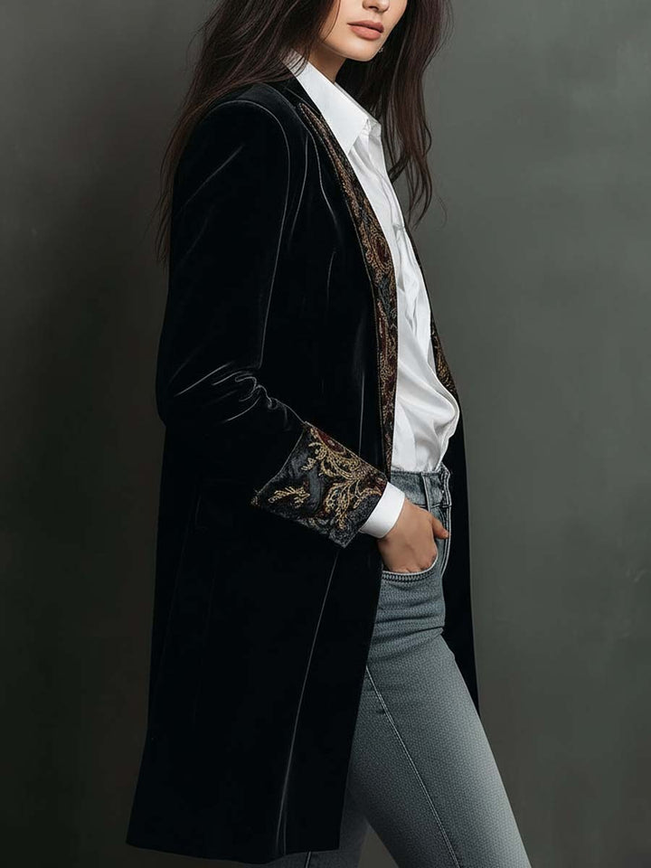 Blazer in Velluto Nero Vintage di Lusso Senza Tempo con Rever Stampato Barocco