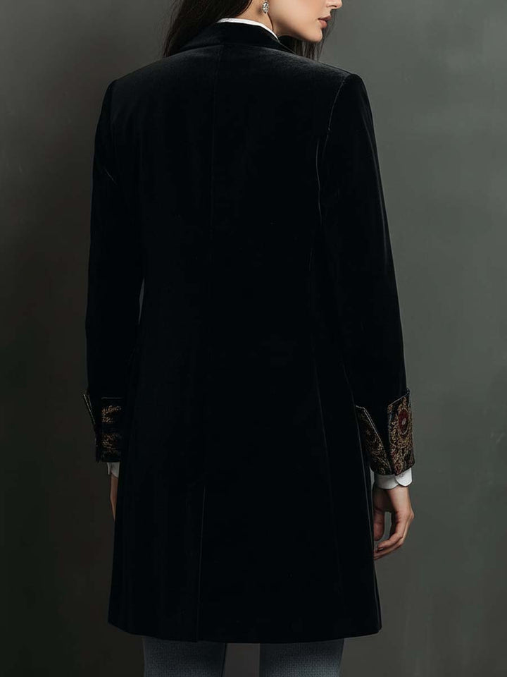 Blazer in Velluto Nero Vintage di Lusso Senza Tempo con Rever Stampato Barocco