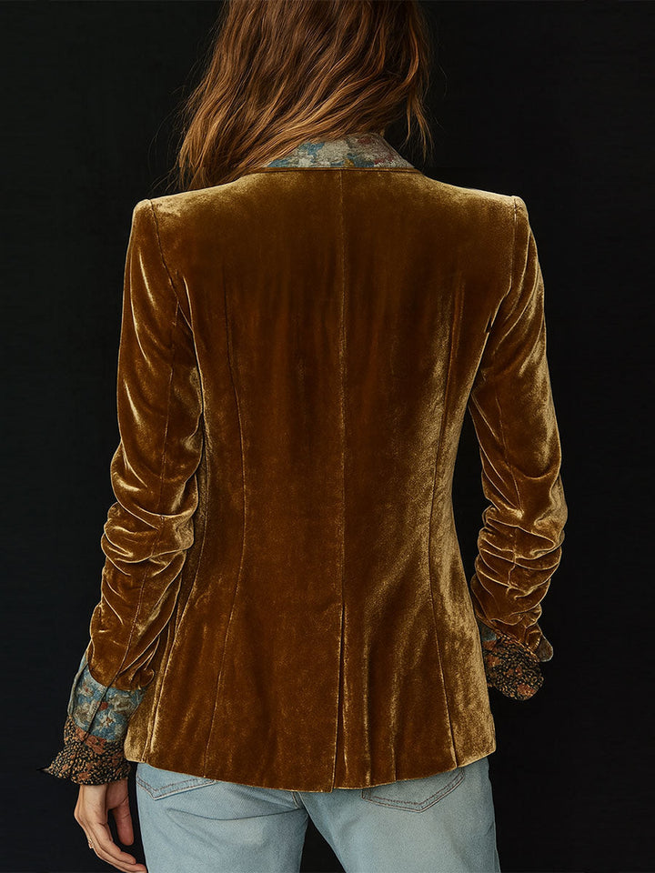 Blazer Patchwork in Velluto di Poliestere con Stampa Floreale e Collo Vintage