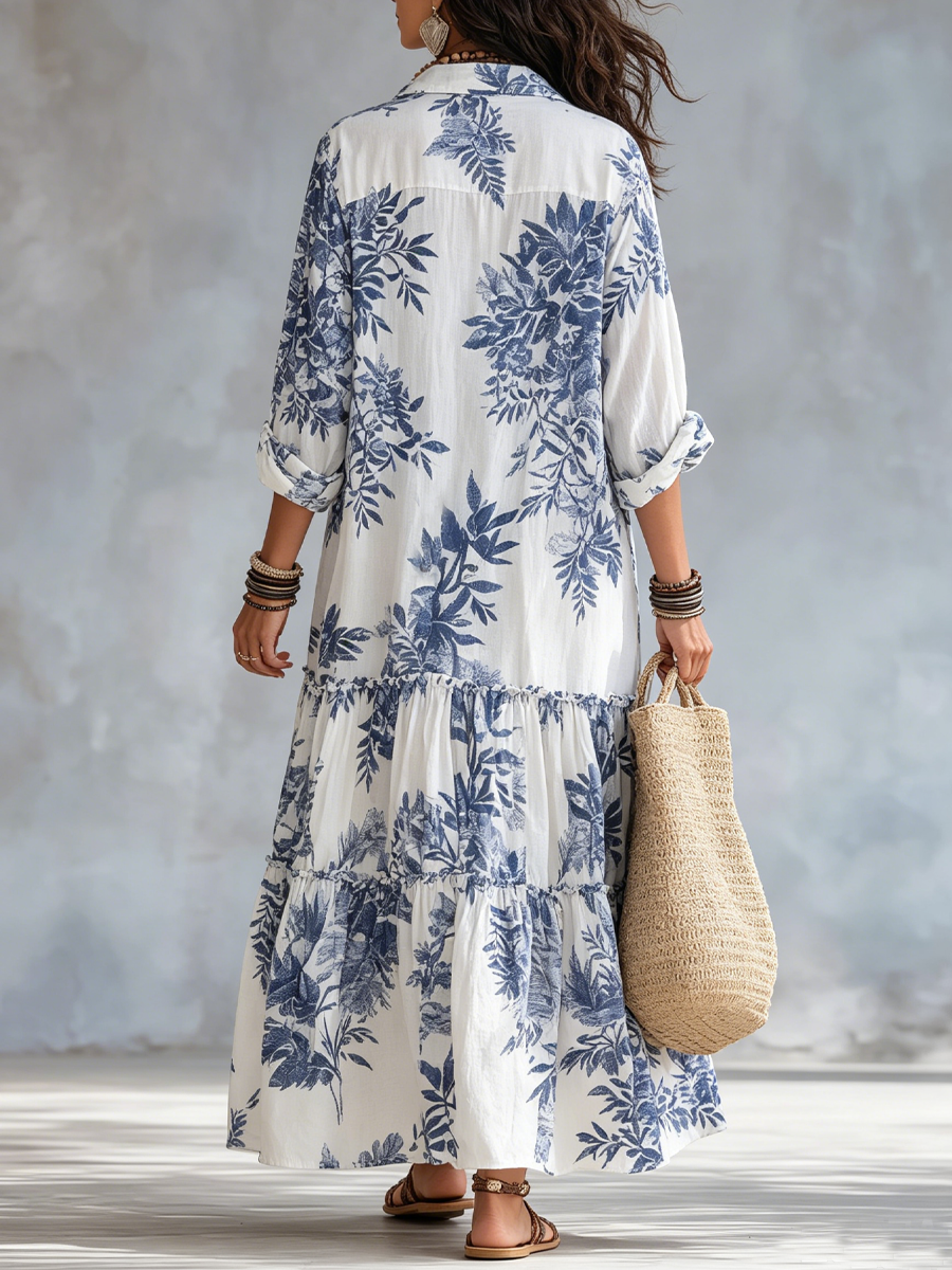 Giulia™ | Abito lungo floreale Blu Boho con bottoni