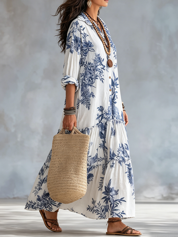 Giulia™ | Abito lungo floreale Blu Boho con bottoni