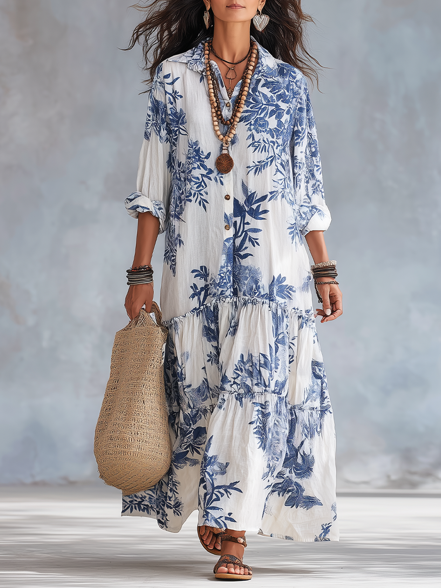 Giulia™ | Abito lungo floreale Blu Boho con bottoni