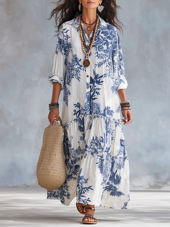 Giulia™ | Abito lungo floreale Blu Boho con bottoni