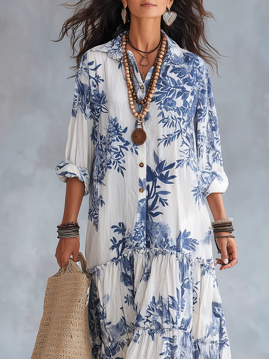 Giulia™ | Abito lungo floreale Blu Boho con bottoni