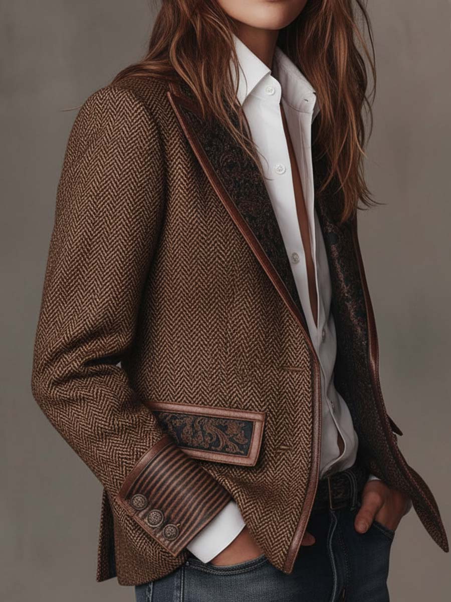 Blazer in Tweed a Spina di Pesce con Pannelli Stampati