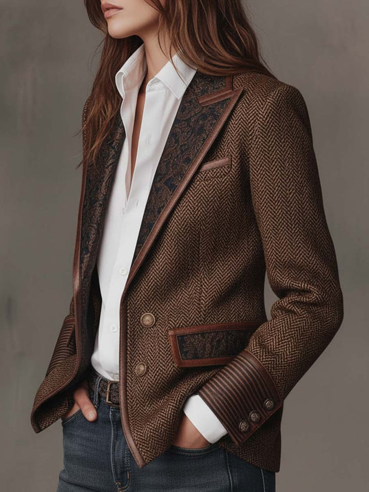 Blazer in Tweed a Spina di Pesce con Pannelli Stampati