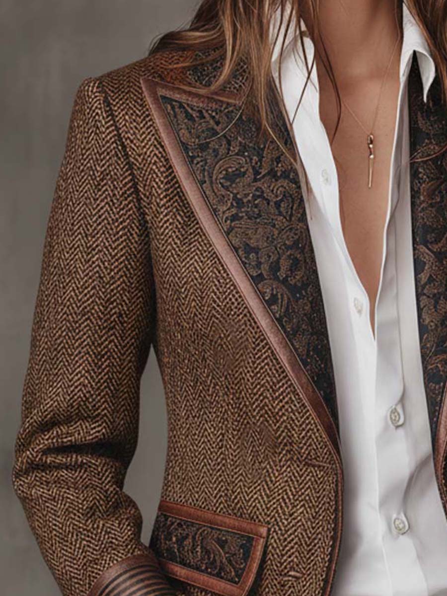 Blazer in Tweed a Spina di Pesce con Pannelli Stampati