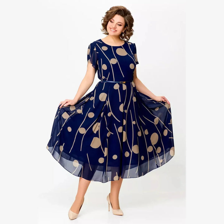 Isabella™ | Abito midi in chiffon a pois blu navy