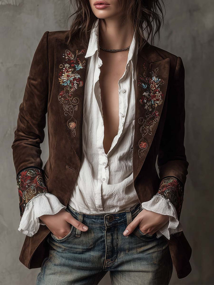 Blazer Vintage in Suede Marrone con Dettagli Ricamati