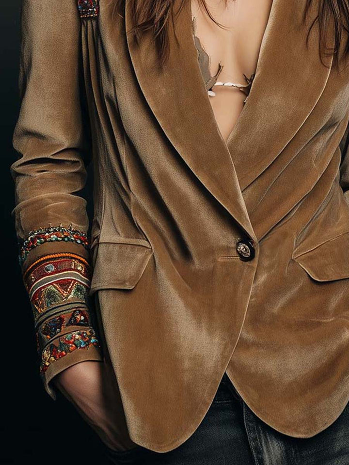 Blazer in velluto di poliestere ricamato con dettagli bohemien