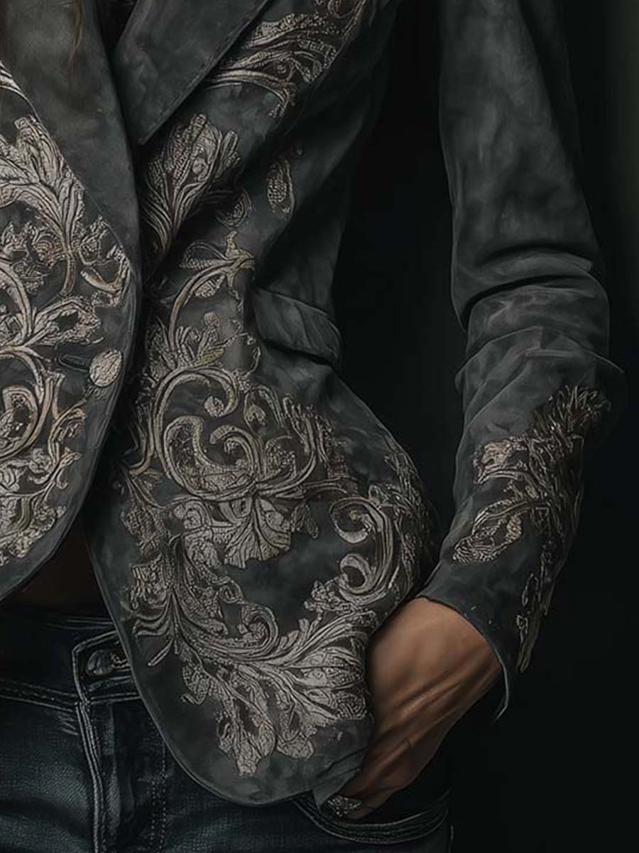 Blazer in Eco-Pelle Imbottita con Motivo Floreale in Grigio Ardesia
