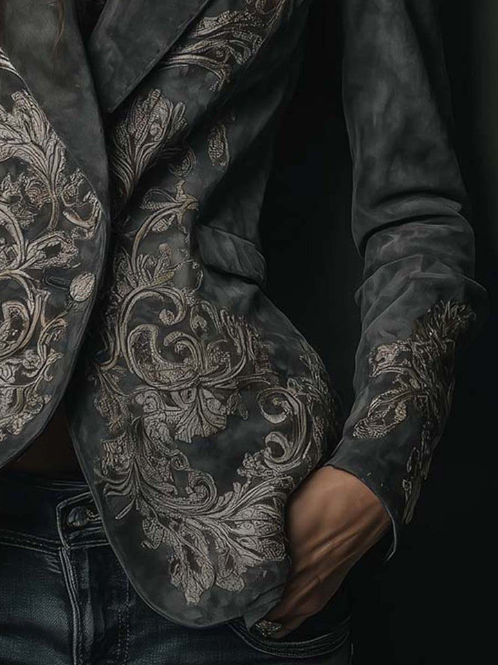 Blazer in Eco-Pelle Imbottita con Motivo Floreale in Grigio Ardesia