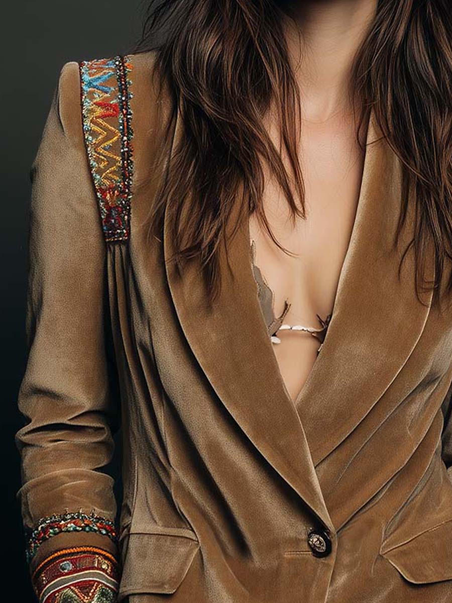 Blazer in velluto di poliestere ricamato con dettagli bohemien