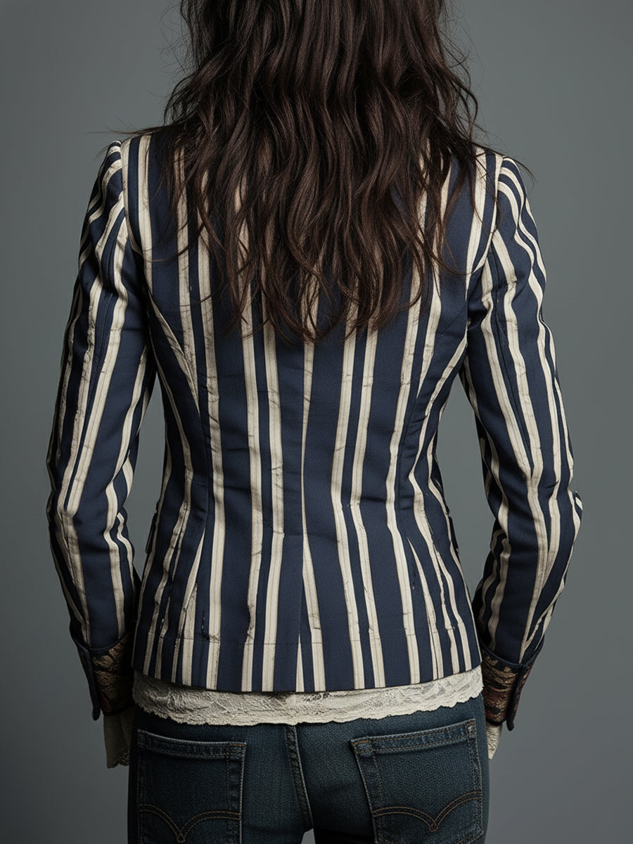 Blazer Striato in Cotone e Lino con Stampa Floreale Bohemien