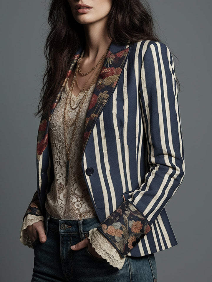 Blazer Striato in Cotone e Lino con Stampa Floreale Bohemien
