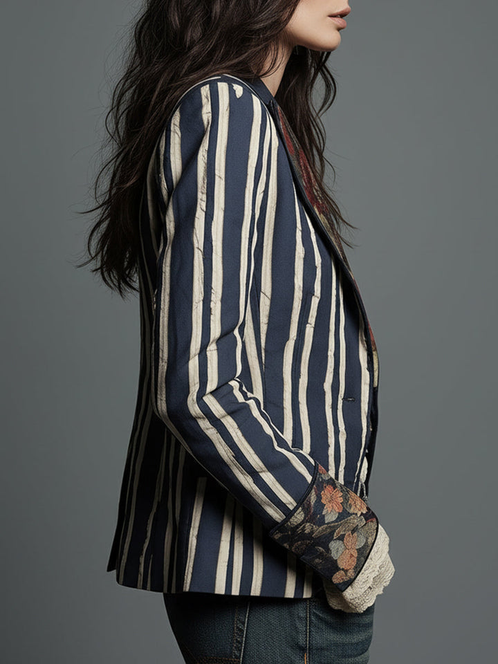 Blazer Striato in Cotone e Lino con Stampa Floreale Bohemien