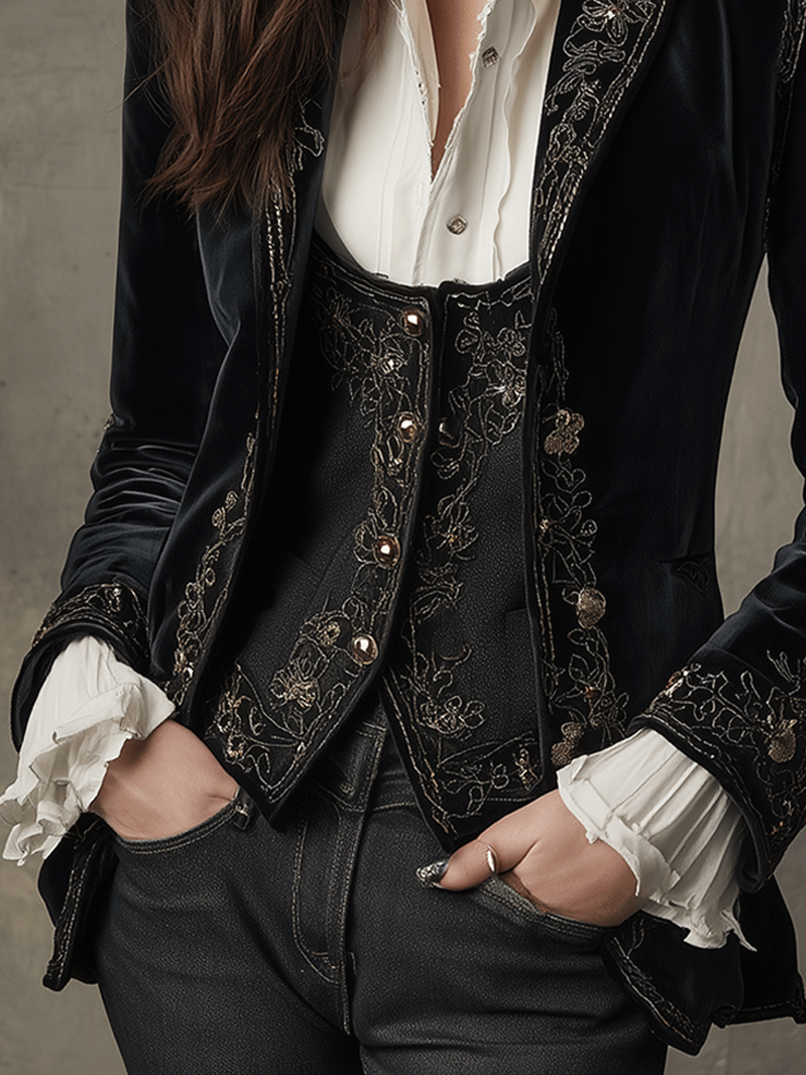 Blazer Elegante in Velluto Nero Ricamato