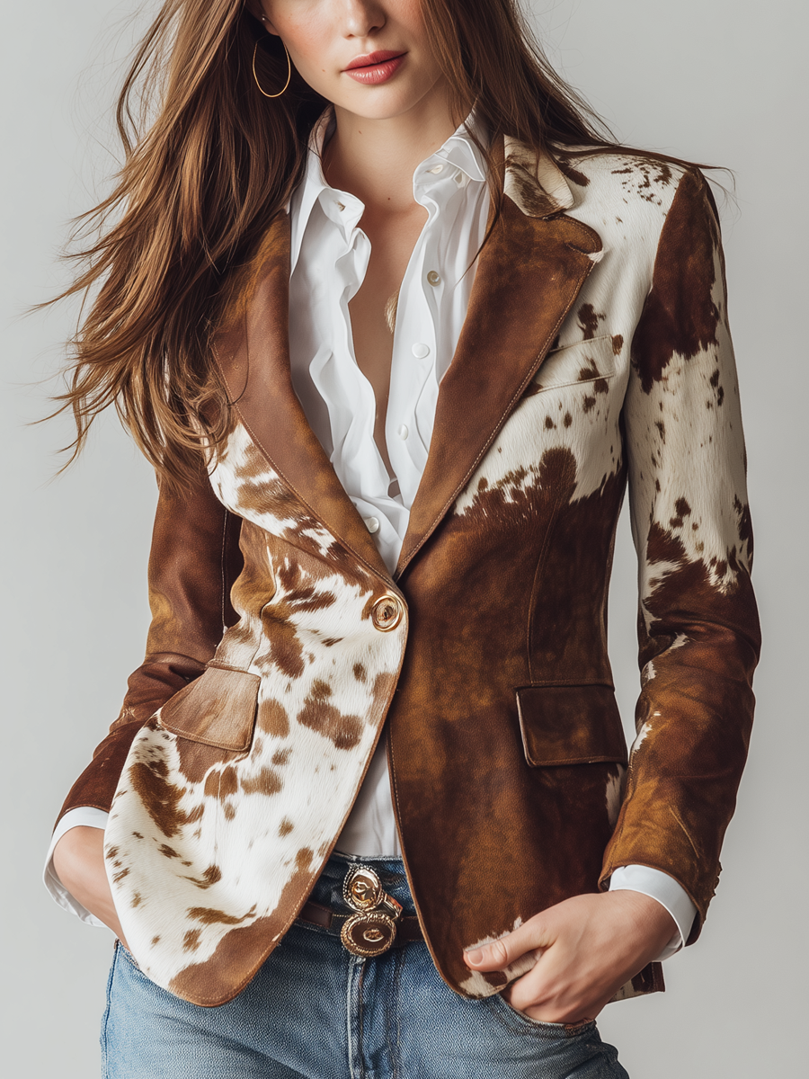 Blazer in Suede Ecologico Stampato in Pelle di Mucca Vintage