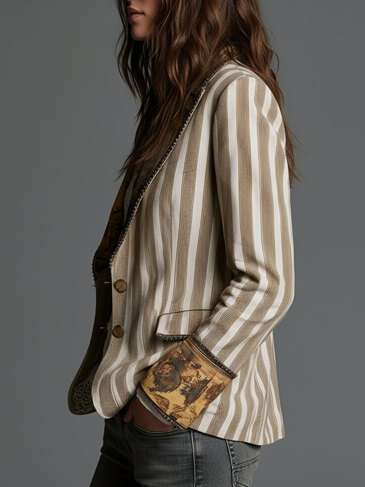 Blazer in Cotone a Righe Bohemien con Rever Stampati