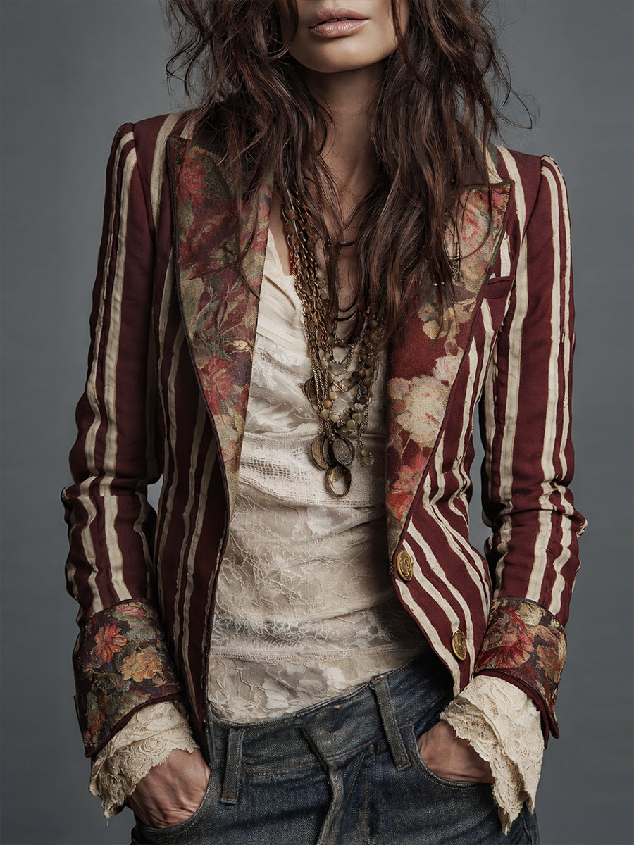 Blazer Striato in Cotone e Lino con Stampa Floreale Bohemien