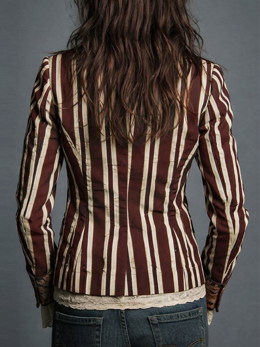 Blazer Striato in Cotone e Lino con Stampa Floreale Bohemien