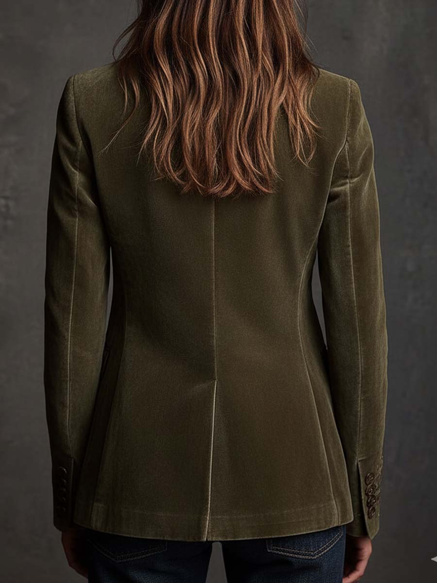 Blazer in Velluto Verde Oliva con Ricami Floreali Intricati