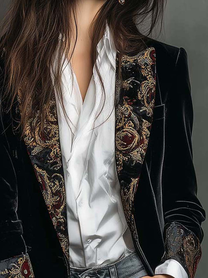 Blazer in Velluto Nero Vintage di Lusso Senza Tempo con Rever Stampato Barocco