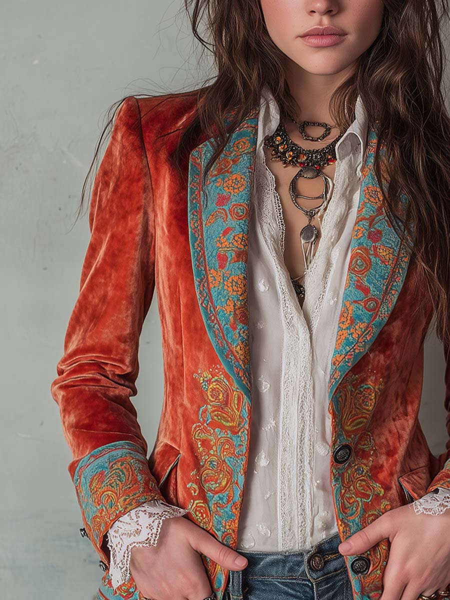 Blazer Stampato in Velluto di Poliestere con Colore a Contrasto Retro
