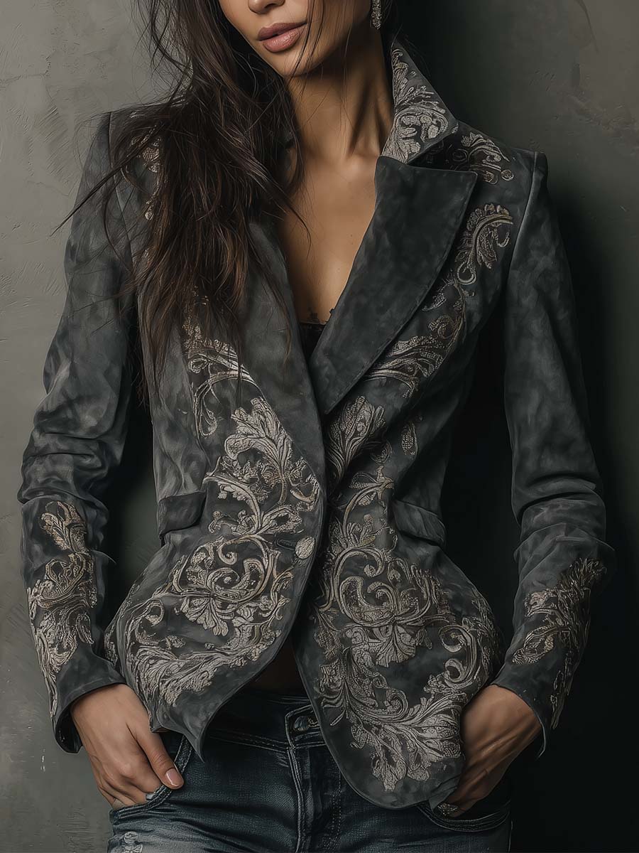 Blazer in Eco-Pelle Imbottita con Motivo Floreale in Grigio Ardesia