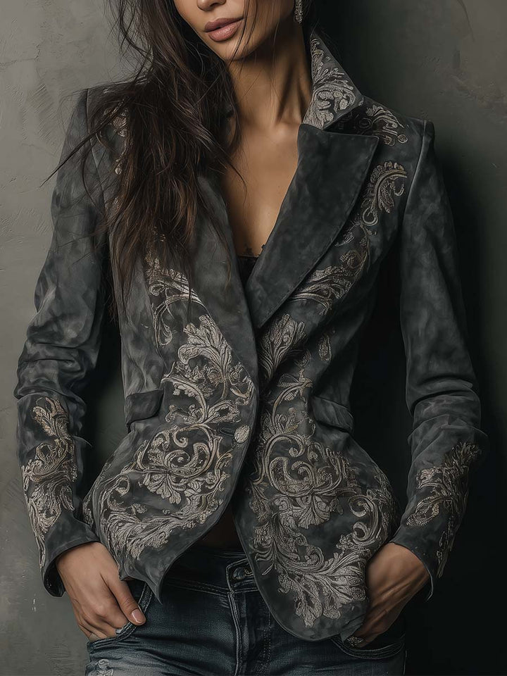 Blazer in Eco-Pelle Imbottita con Motivo Floreale in Grigio Ardesia