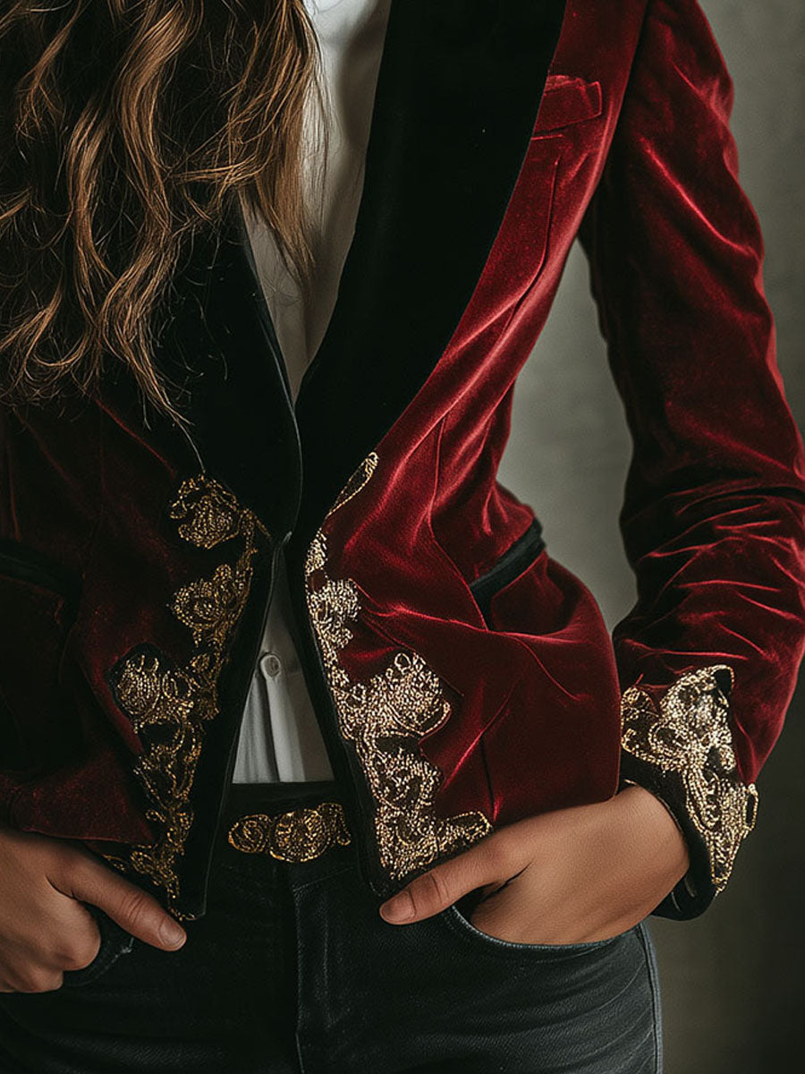 Blazer in Velluto Ricamato di Lusso Nero con Collo Elegante e Oro