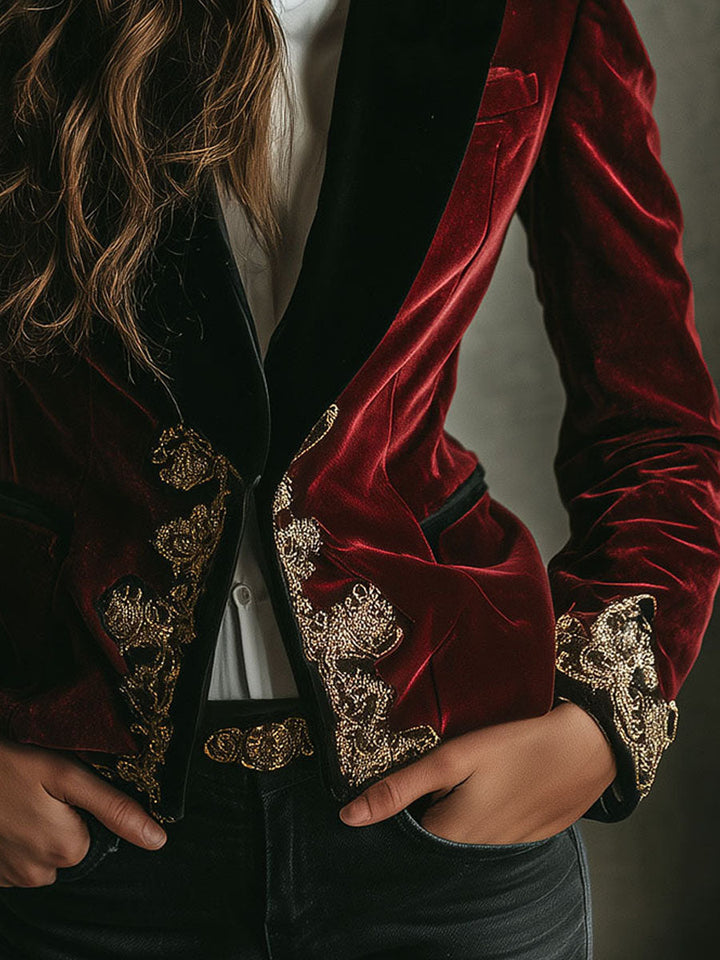 Blazer in Velluto Ricamato di Lusso Nero con Collo Elegante e Oro