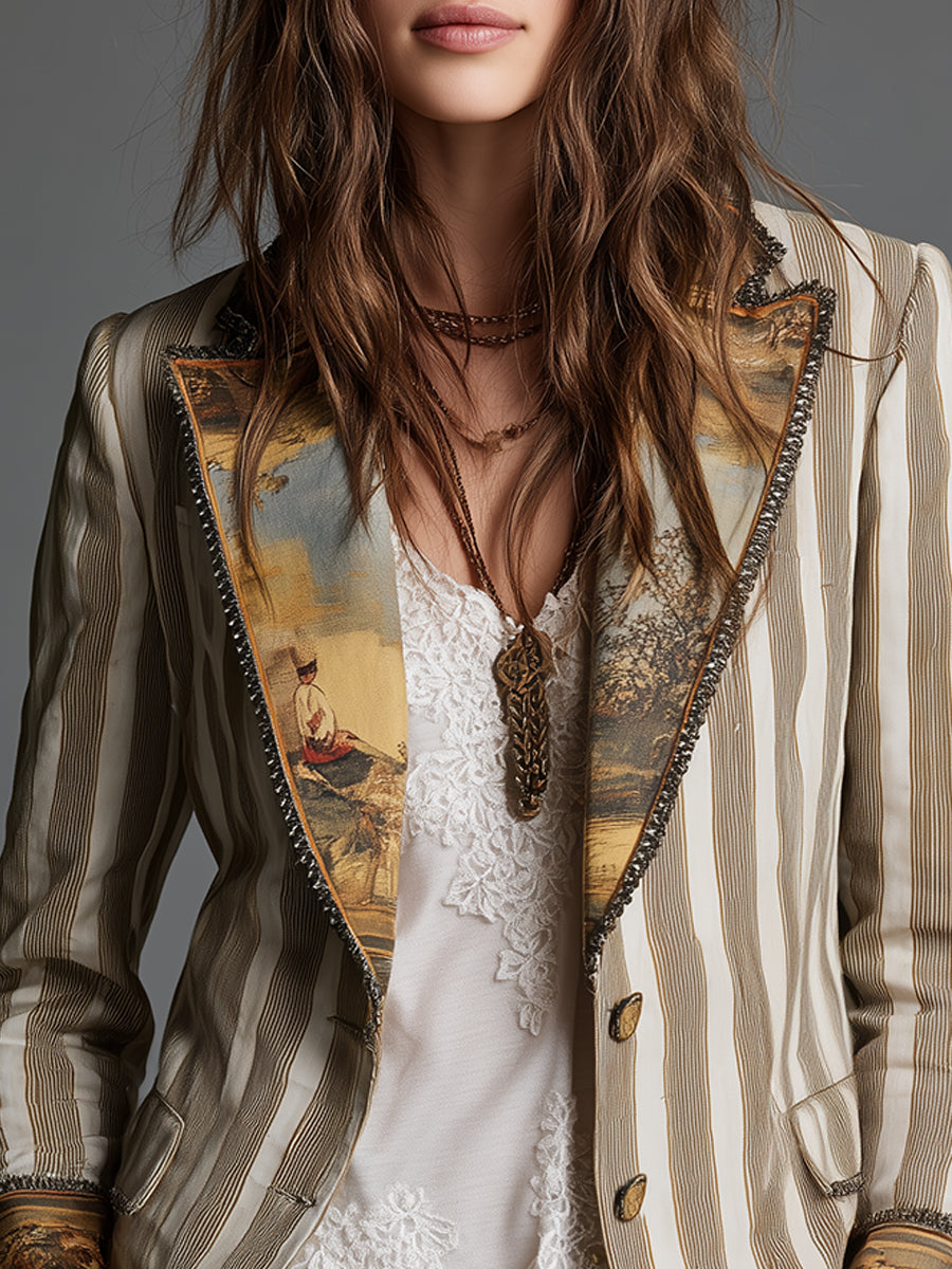 Blazer in Cotone a Righe Bohemien con Rever Stampati