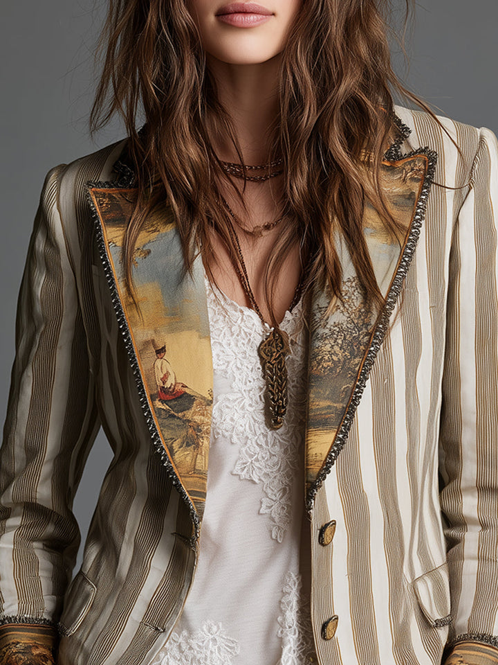 Blazer in Cotone a Righe Bohemien con Rever Stampati