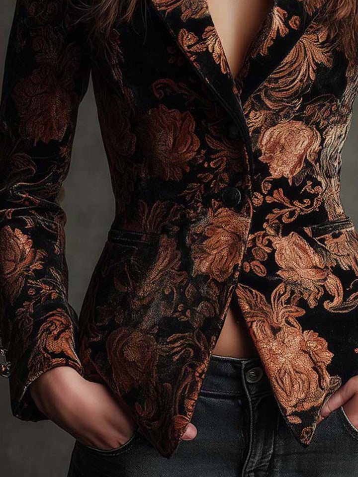 Blazer in Velluto con Stampa Floreale in Nero e Bronzo