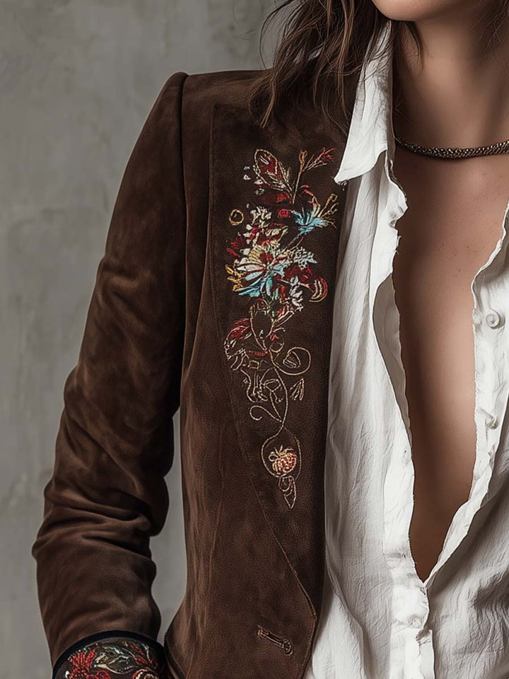 Blazer Vintage in Suede Marrone con Dettagli Ricamati