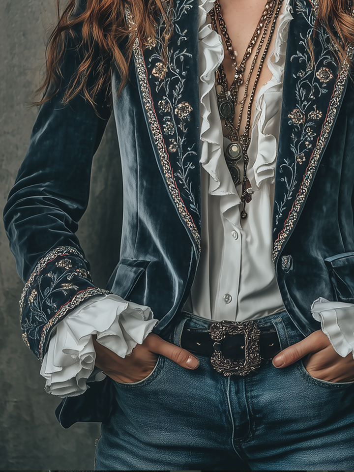 Blazer in Velluto di Poliestere con Maniche Ricamate a Fiori Vintage